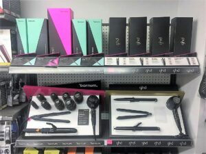 GHD Shelf Display with products on display out the box for people to look at