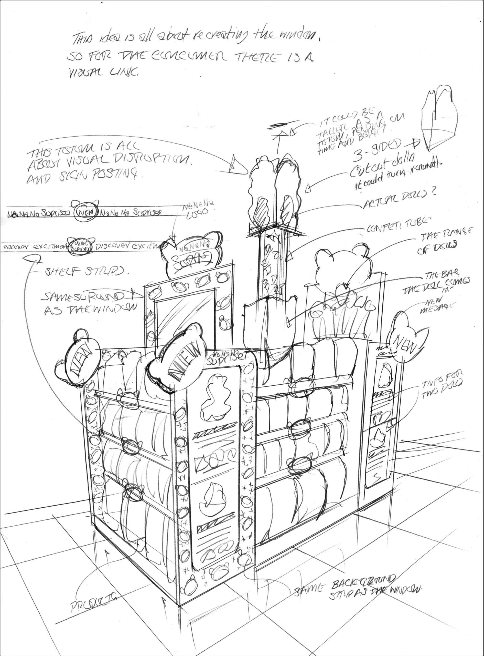A sketch concept drawing of a pos design for na na na surprise visuals 3D render design agency creative agency studio