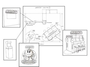 Creative concept sketch visuals PR event space pop up shop retail installation bespoke prop makers creative design agency